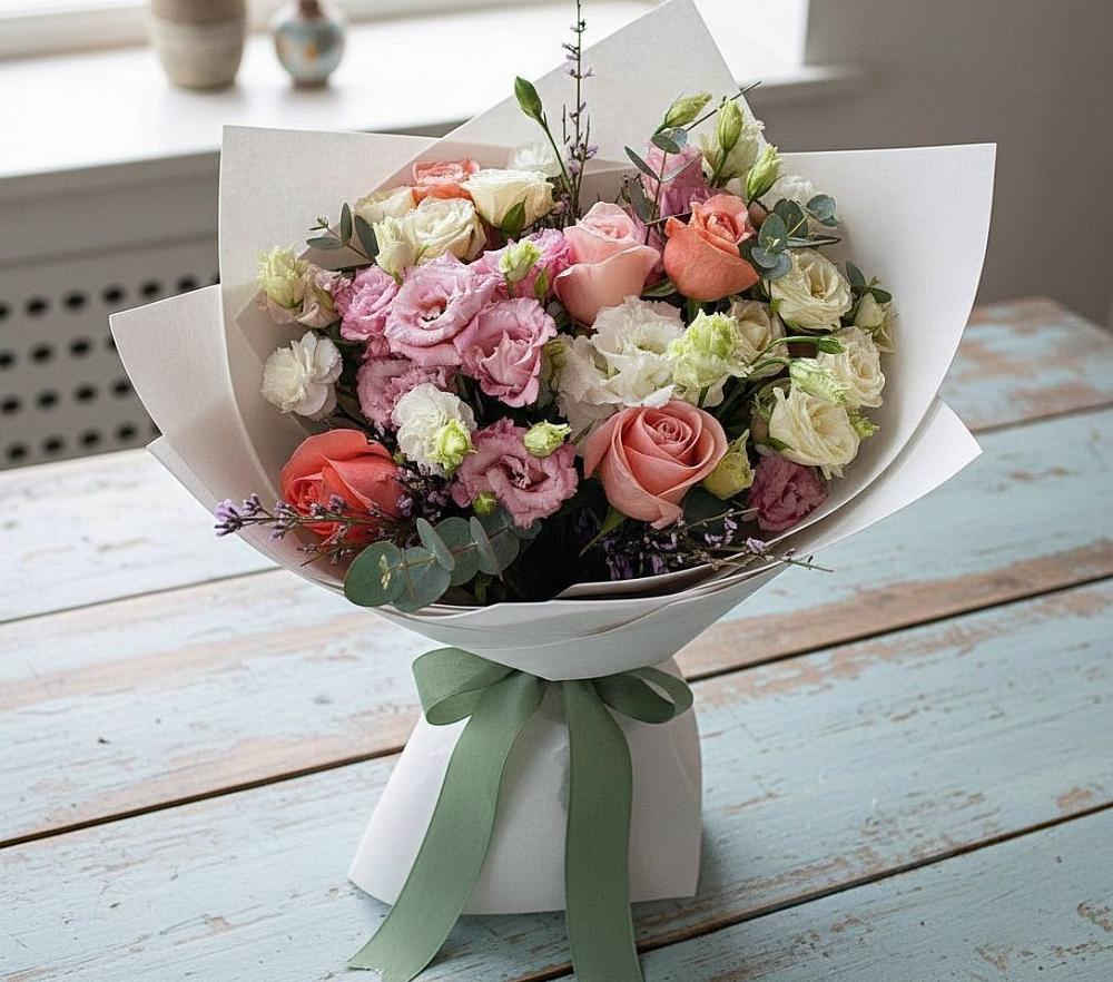 Букет цветов из: Розы, Лизиантусы и Гвоздики в Барановское