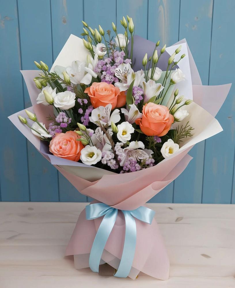 Букет цветов из: Лизиантусы, Розы, Альстромерии и Гипсофила в Барановское