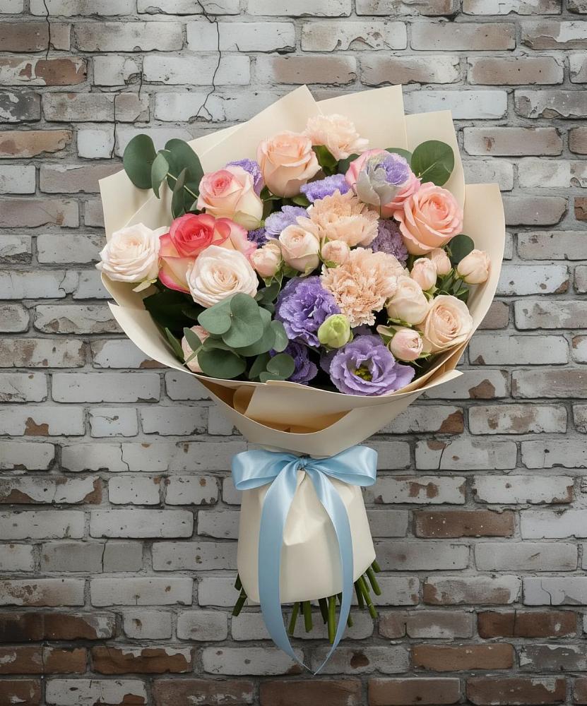 Букет цветов из: Розы, Лизиантусы и Гвоздики в Барановское