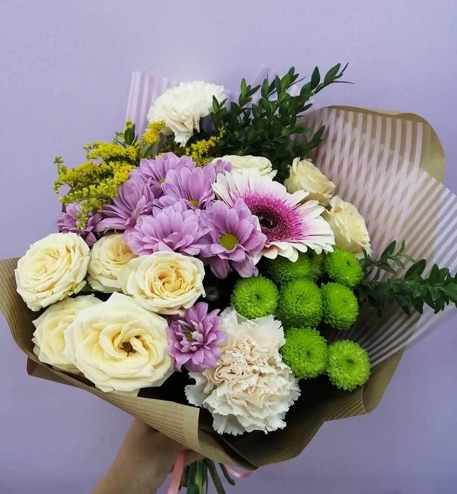 Букет цветов из: Хризантемы, Розы, Гвоздики и Герберы в Барановское