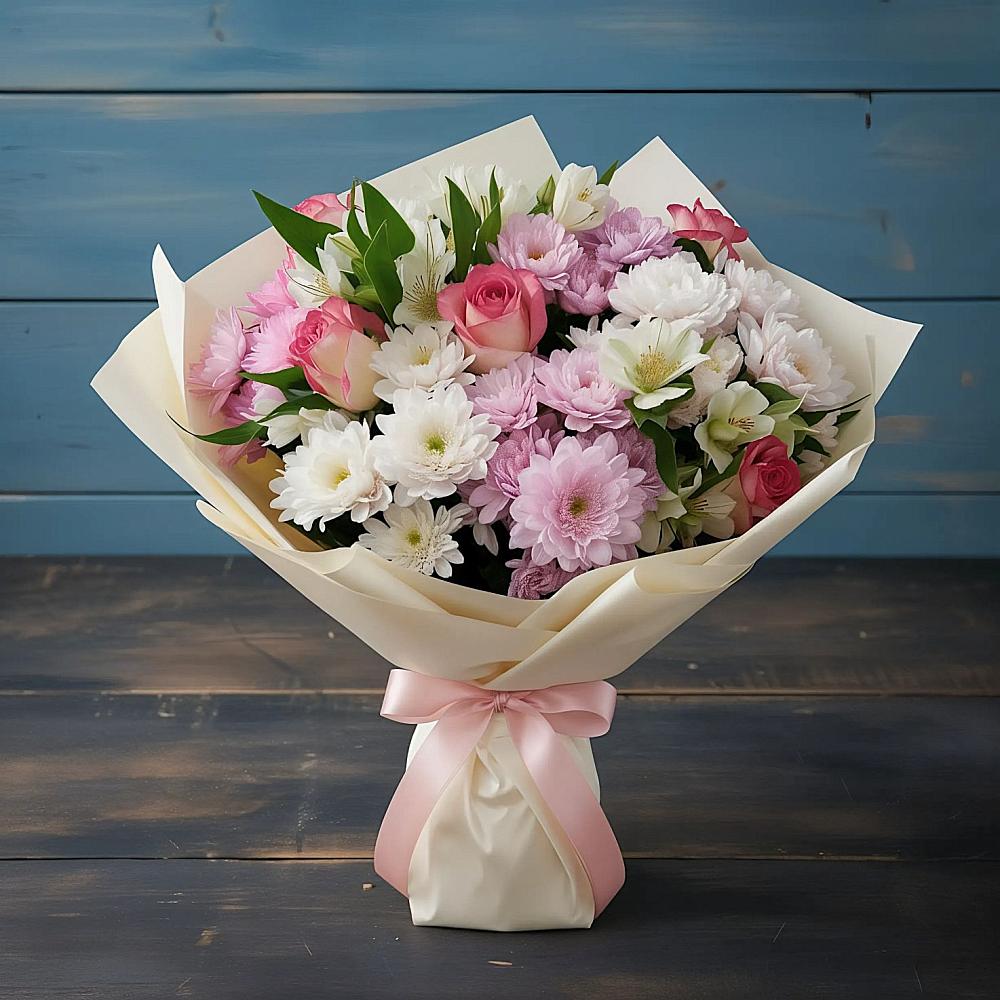 Букет цветов из: Хризантемы, Альстромерии и Розы в Барановское